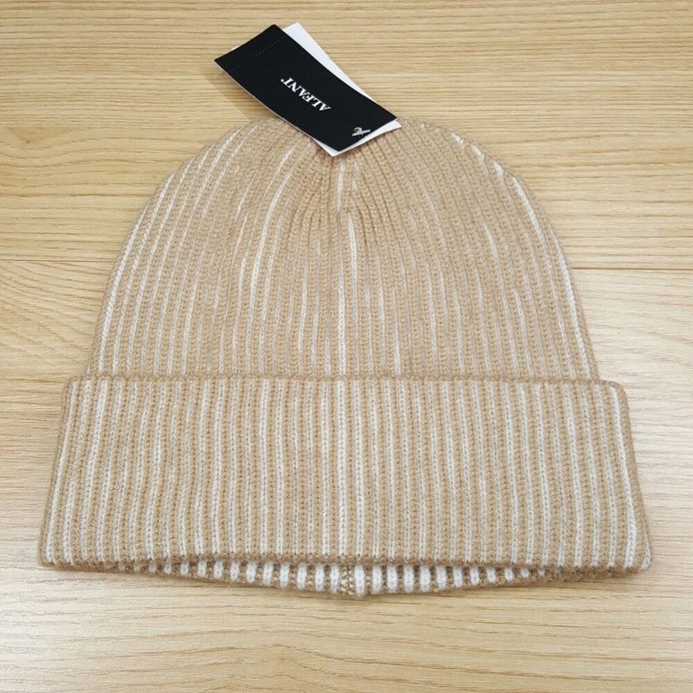 ALFANI Mens Beanie Hat Tan Ribbed Fold Over Cuffed Stretch Knit